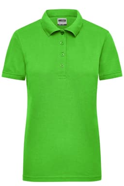 A vibrant green ladies' work polo shirt featuring a classic collar and button placket. It has a logo on the chest.