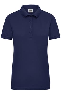 A navy ladies workwear polo shirt featuring a collared design and three-button placket, with a small logo on the chest.