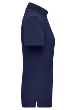 A navy blue ladies workwear polo shirt displayed from the side, featuring a collar and short sleeves.