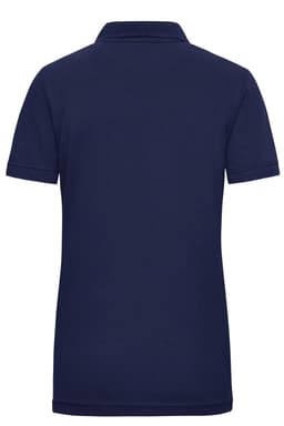 A navy blue ladies' work polo shirt featuring a collar and short sleeves, with a branding logo.