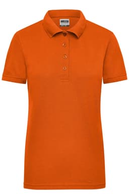 An orange ladies' work polo shirt featuring a classic collar and buttoned placket, with a logo on the chest.