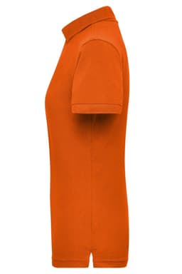An orange ladies work polo shirt with a classic collar and short sleeves, featuring a logo.
