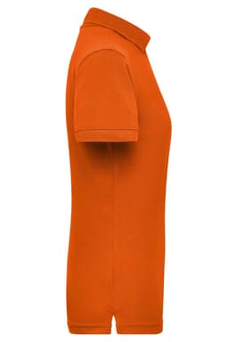 An orange polo shirt with a classic collar and short sleeves, featuring a side view and a logo.