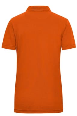 An orange ladies' polo shirt featuring a collar and short sleeves, with a branding logo on the back.