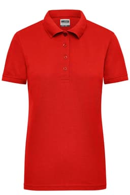A red ladies work polo shirt featuring a collar and button-up neckline, with a brand logo present.