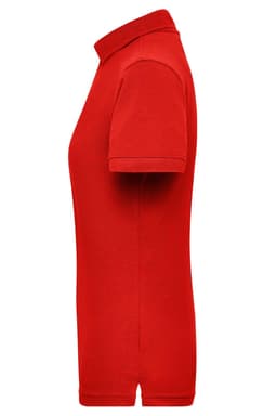 A red ladies workwear polo shirt featuring a classic design and a collar. It includes a logo on the fabric.
