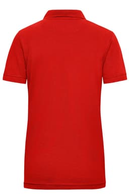 A red polo shirt with a classic collar and short sleeves, featuring a branding logo.