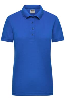 A blue ladies work polo shirt with a collar and short sleeves, featuring buttons and a logo.