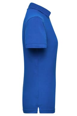 A blue ladies' workwear polo shirt featuring a collar and short sleeves, with a logo on the chest.