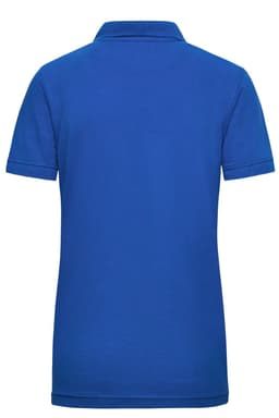 A blue ladies work polo shirt with short sleeves and a collar, featuring a logo.
