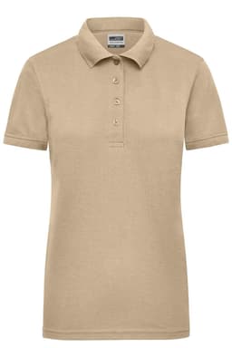 A beige ladies workwear polo shirt with a collared neckline and buttoned placket, featuring a logo.
