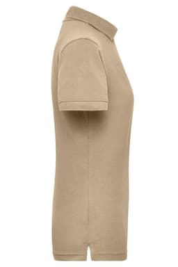 A beige ladies workwear polo shirt with a collared neck and short sleeves, featuring a logo.