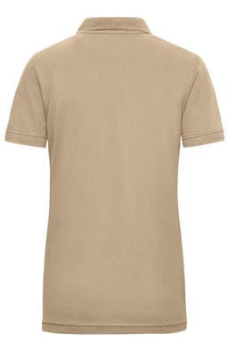 A beige ladies work polo shirt with short sleeves and a branded logo on the back.