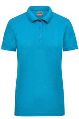 A ladies' polo shirt in bright turquoise, featuring a collar and four buttons. It has a logo on the chest.