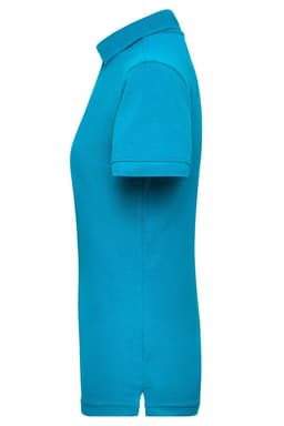 A turquoise ladies work polo shirt with a classic collar and short sleeves, featuring a logo on the chest.