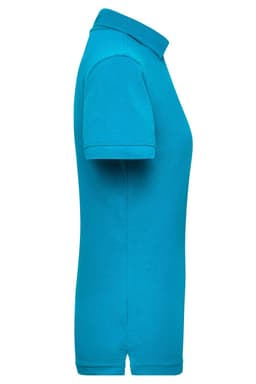 A turquoise ladies' polo shirt featuring a collar and short sleeves, with a logo on the chest.