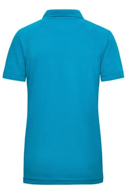 A turquoise ladies workwear polo shirt displayed from the back, featuring a collar and short sleeves. It includes a logo.