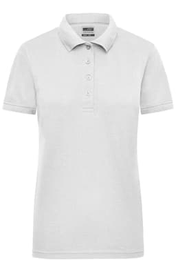 A light grey ladies' work polo shirt with a collared neckline and short sleeves, featuring a logo.