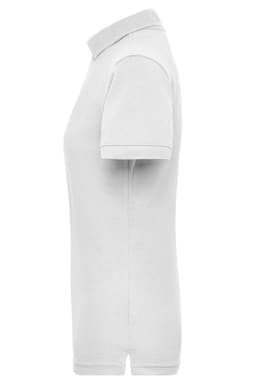 A plain white polo shirt with a collar and short sleeves, featuring a small logo on the side.