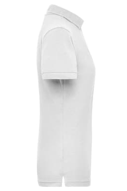 A white polo shirt with a collar and short sleeves, featuring a logo on the side.