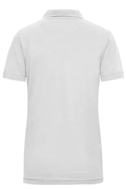 A women's short-sleeved polo shirt in light grey with a back view. The shirt features a logo on the back.