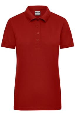 A red ladies workwear polo shirt with a classic collar and a button placket, featuring a logo.
