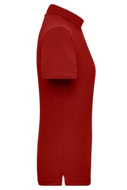 A red polo shirt with a collar and short sleeves, featuring a logo on the front.