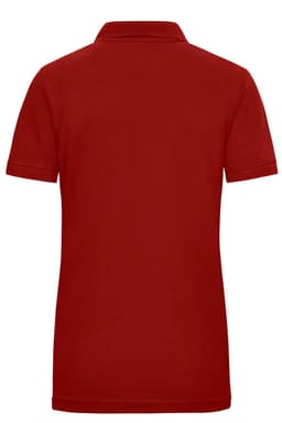 A red polo shirt with a folded collar and short sleeves, featuring a logo on the left side.