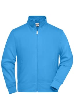 A blue workwear sweat jacket featuring a full zip and side pockets, with a logo on the chest.