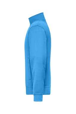 A blue workwear sweat jacket with a zippered collar and side pockets, featuring a logo.