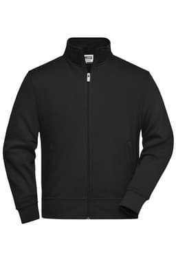 A black zip-up sweat jacket with a stand-up collar and side pockets, featuring a logo.