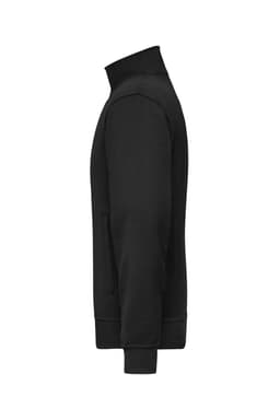 A black workwear sweat jacket featuring a high collar and zippered pockets. It has a fitted design and ribbed cuffs.