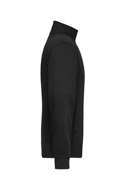 A black workwear sweat jacket featuring a zippered collar and side pockets, with a logo on the front.