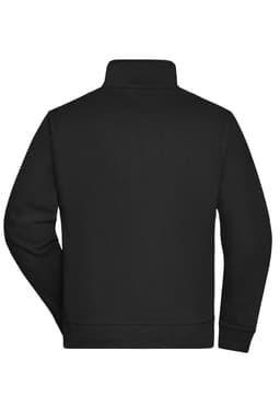 A black sweat jacket with a high collar and long sleeves, featuring a logo on the back.