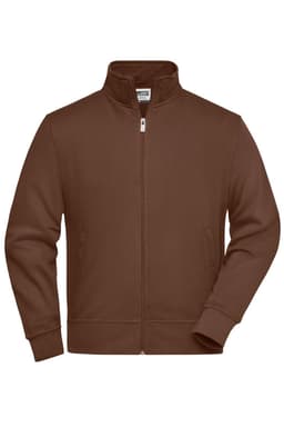 A brown zip-up sweat jacket featuring a collar and side pockets, with a logo on the chest area.