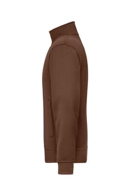 A brown workwear sweat jacket featuring a zip collar and side pockets, with a brand logo visible.