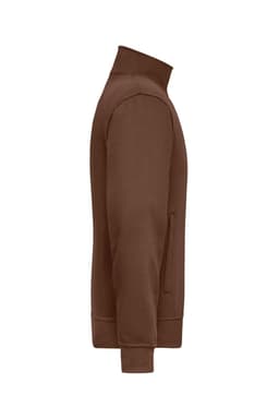 A brown workwear sweat jacket with a zip collar and side pockets, featuring a branded logo.