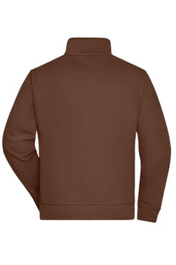 A brown workwear sweat jacket with a high collar and ribbed cuffs, featuring a logo on the back.