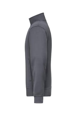 A grey workwear sweat jacket featuring a zippered pocket and a high collar, with a simple logo on the chest.