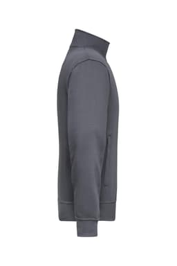 A grey workwear sweat jacket with a high collar and side pockets, featuring a logo on the chest.