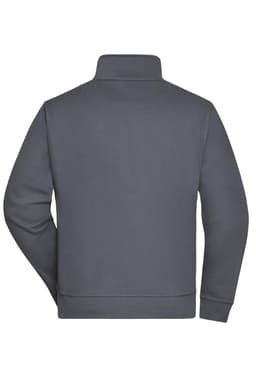 A grey workwear sweat jacket with a high collar and a logo on the back, featuring a simple design.