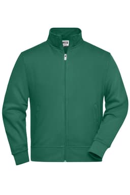 A green sweat jacket with a zip front, featuring a high collar and side pockets. It has a simplistic design and branding.