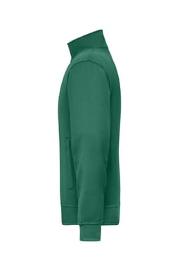 A green Workwear Sweat Jacket featuring a high collar and zippered side pocket. It has a simple design with a logo.