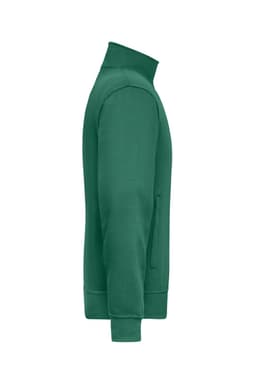 A green Workwear Sweat Jacket with a zippered side pocket and a high collar, featuring a logo on one side.