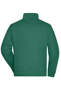A green sweat jacket featuring a collar and a fitted design, with a logo on the back.