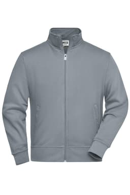 A grey sweat jacket featuring a zip front and side pockets, designed for workwear. It has a logo on the chest.
