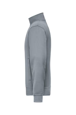 A grey workwear sweat jacket featuring a high collar and a zippered side pocket. It has a simple design and a logo.