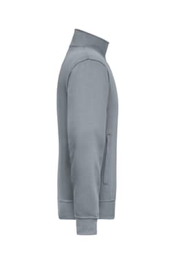 A grey workwear sweat jacket featuring a zip front and side pockets. It has a stand-up collar and ribbed cuffs.