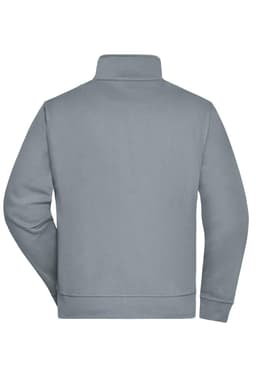 A grey Workwear Sweat Jacket featuring a high collar and long sleeves, with a logo on the back.
