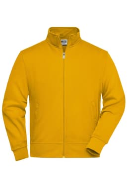 A yellow workwear sweat jacket with a zip front and side pockets, featuring a collar and a logo.